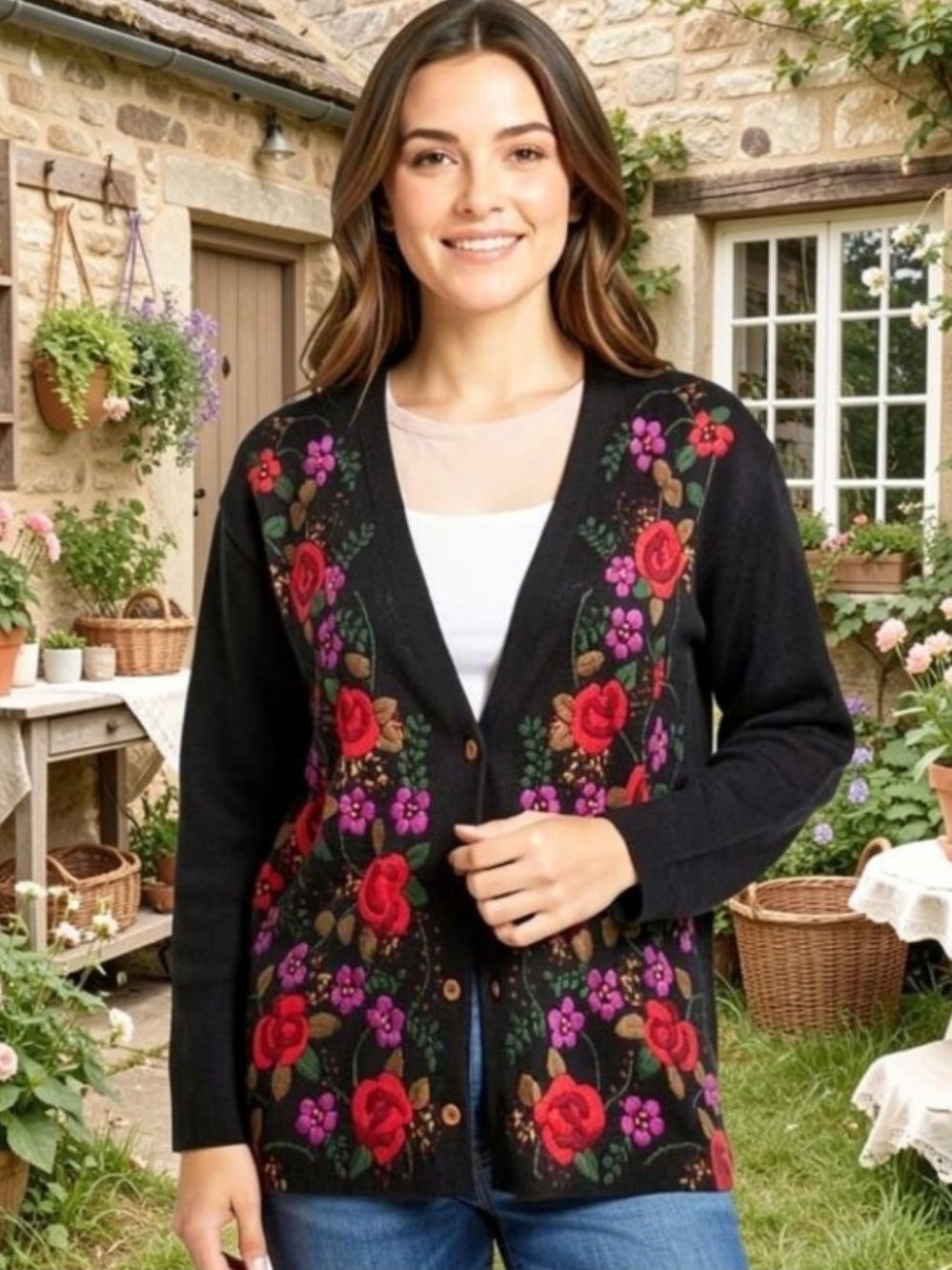 SPANNER Black Cardigan with Red and Purple Floral Embroidery